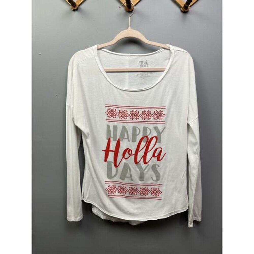 True Craft "Happy Holla Days" Crew‎ Womens L Neck Holiday LS Tee T-Shirt White